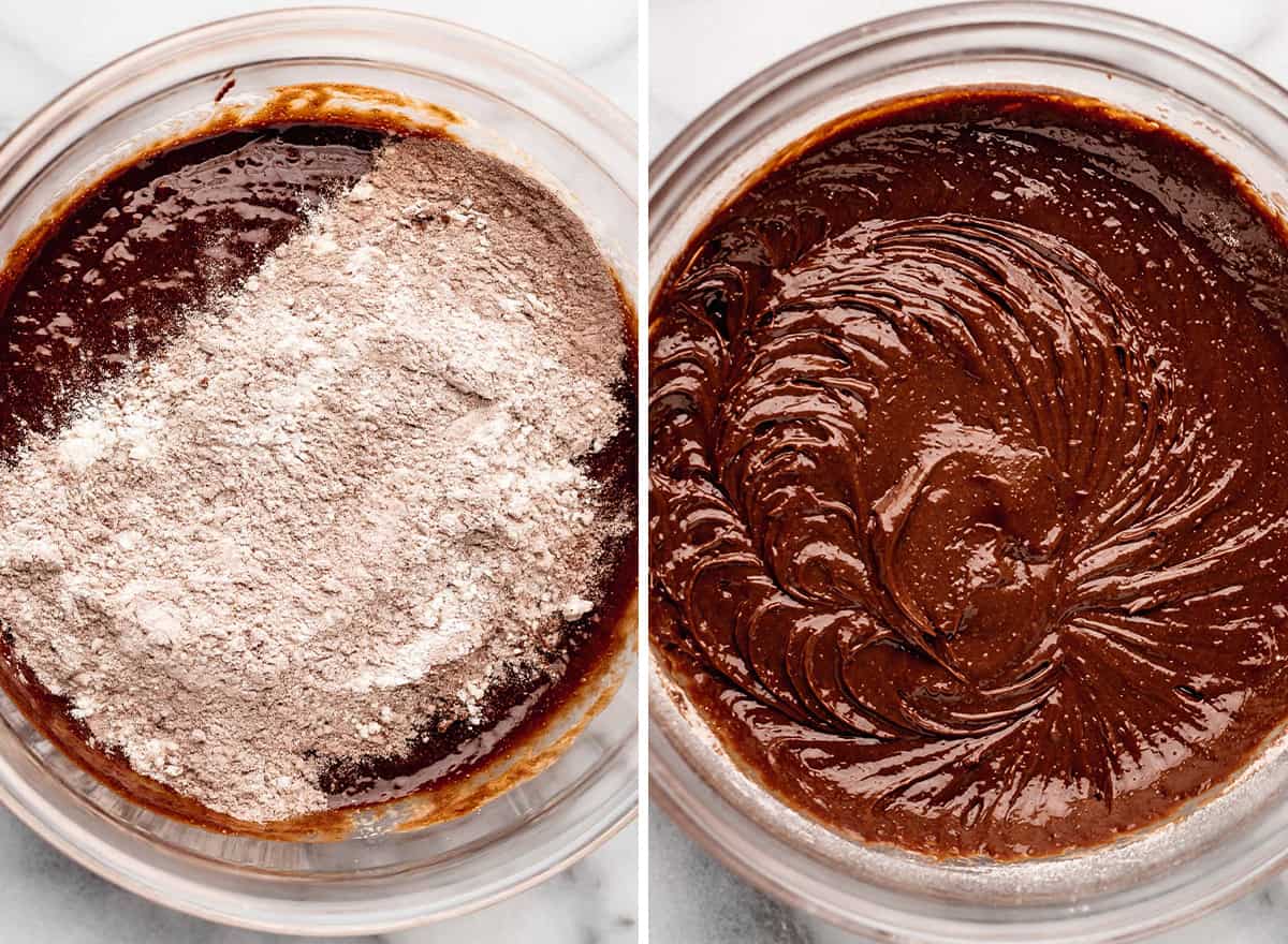 two photos showing how to make caramel brownies - combining wet and dry ingredients