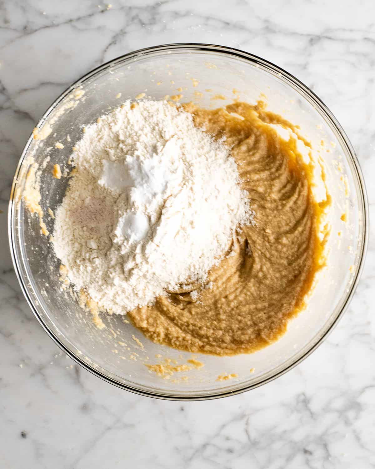 making a Chocolate Chip Skillet Cookie Recipe - adding dry ingredients