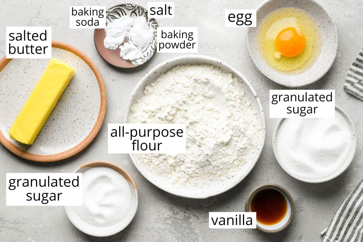 overhead photo of the labeled ingredients in this Easy Sugar Cookies recipe