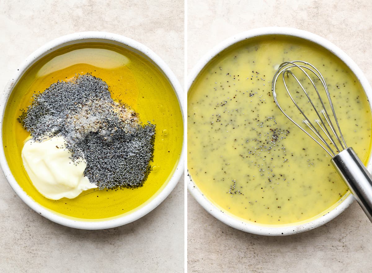two photos showing how to make the poppy seed dressing for this Strawberry Spinach Salad Recipe