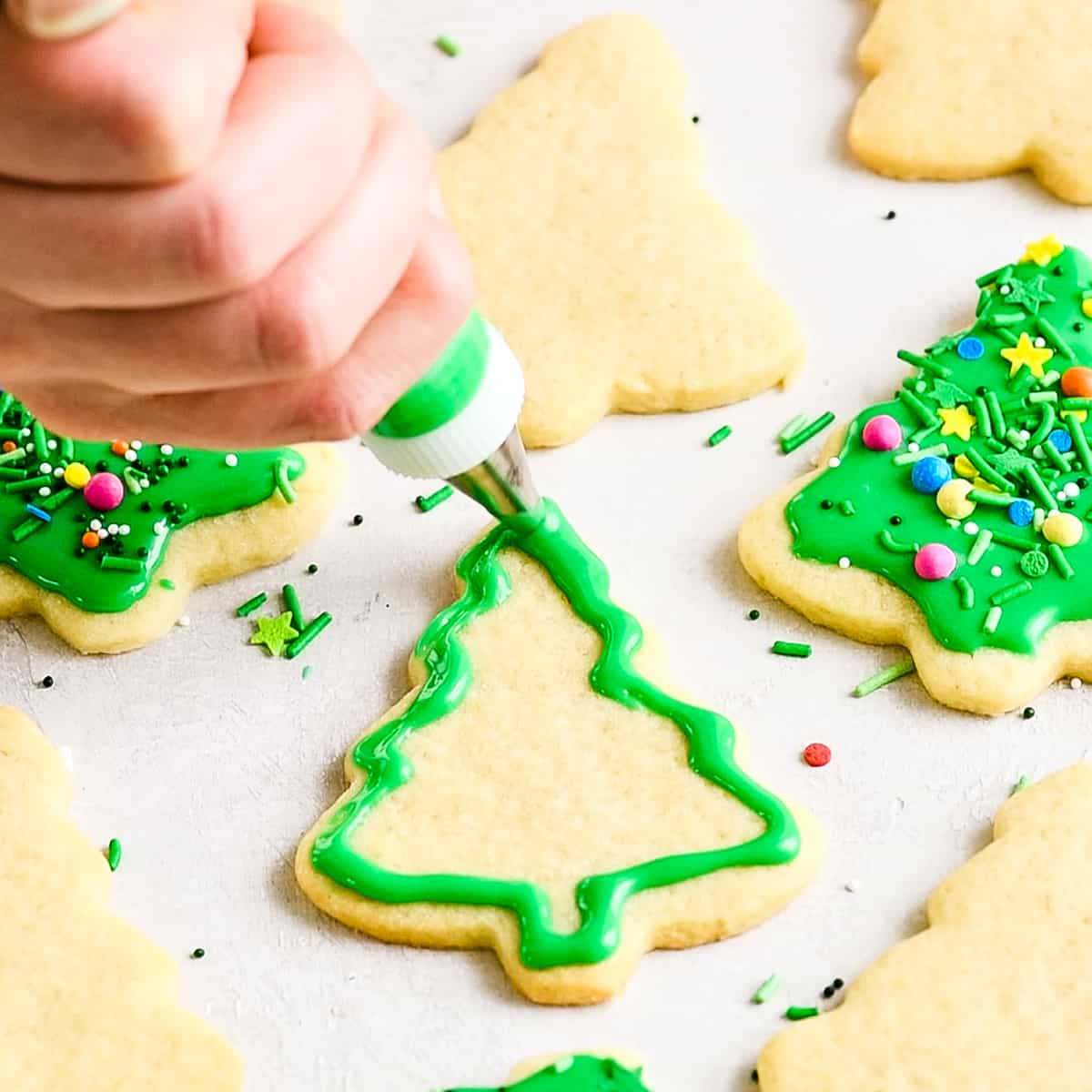 The Best Cut Out Sugar Cookie Recipe! They are soft, chewy and don't spread! Plus an easy sugar cookie frosting that tastes great and hardens with a beautiful shine that's perfect for decorating! Making these easy decorated sugar cookies has been our family's holiday baking tradition for 30 years! #sugarcookies #cutoutsugarcookies #christmascookies #christmas #baking #cutoutcookies #sugarcookiefrosting #recipe front view of a hand using a decorators bag to put green frosting on a tree-shaped sugar cookie