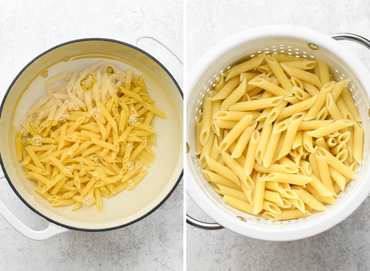 cooking penne pasta to make Lemon Summer Pasta Salad