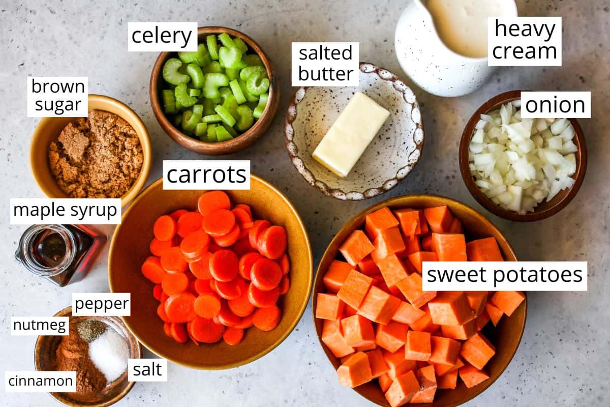 overhead photo of the labeled ingredients in this Sweet Potato Soup recipe