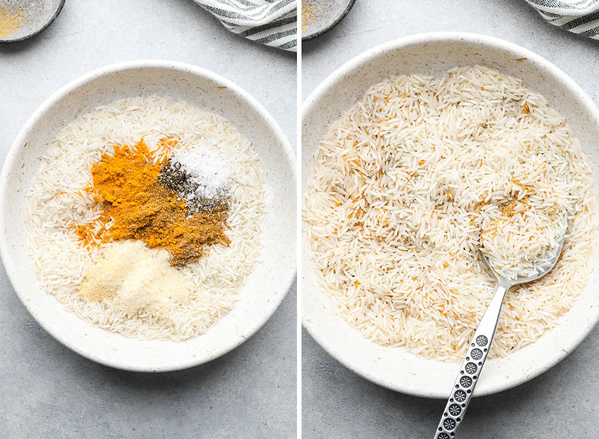 two photos showing how to make yellow Rice - mixing rice and spices