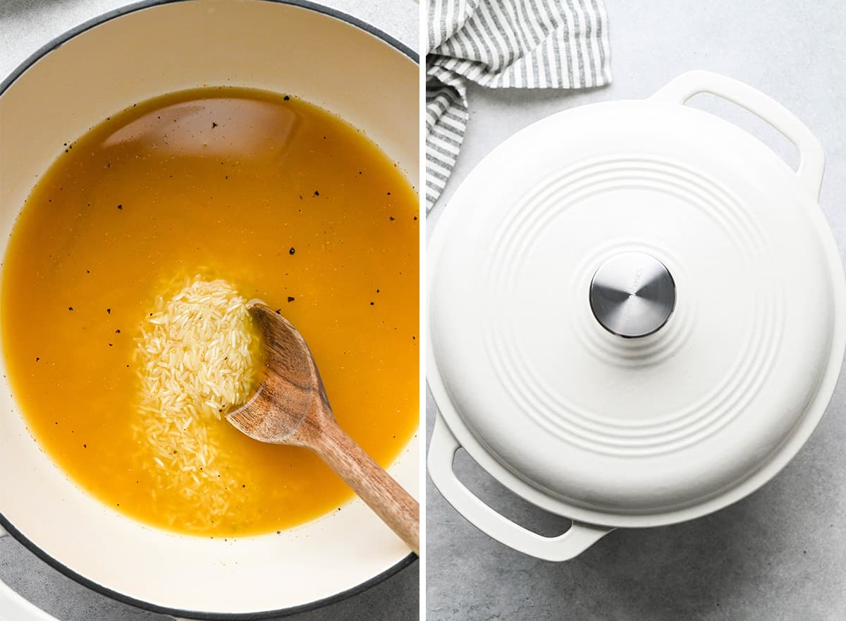 two photos showing how to make yellow Rice - cooking rice