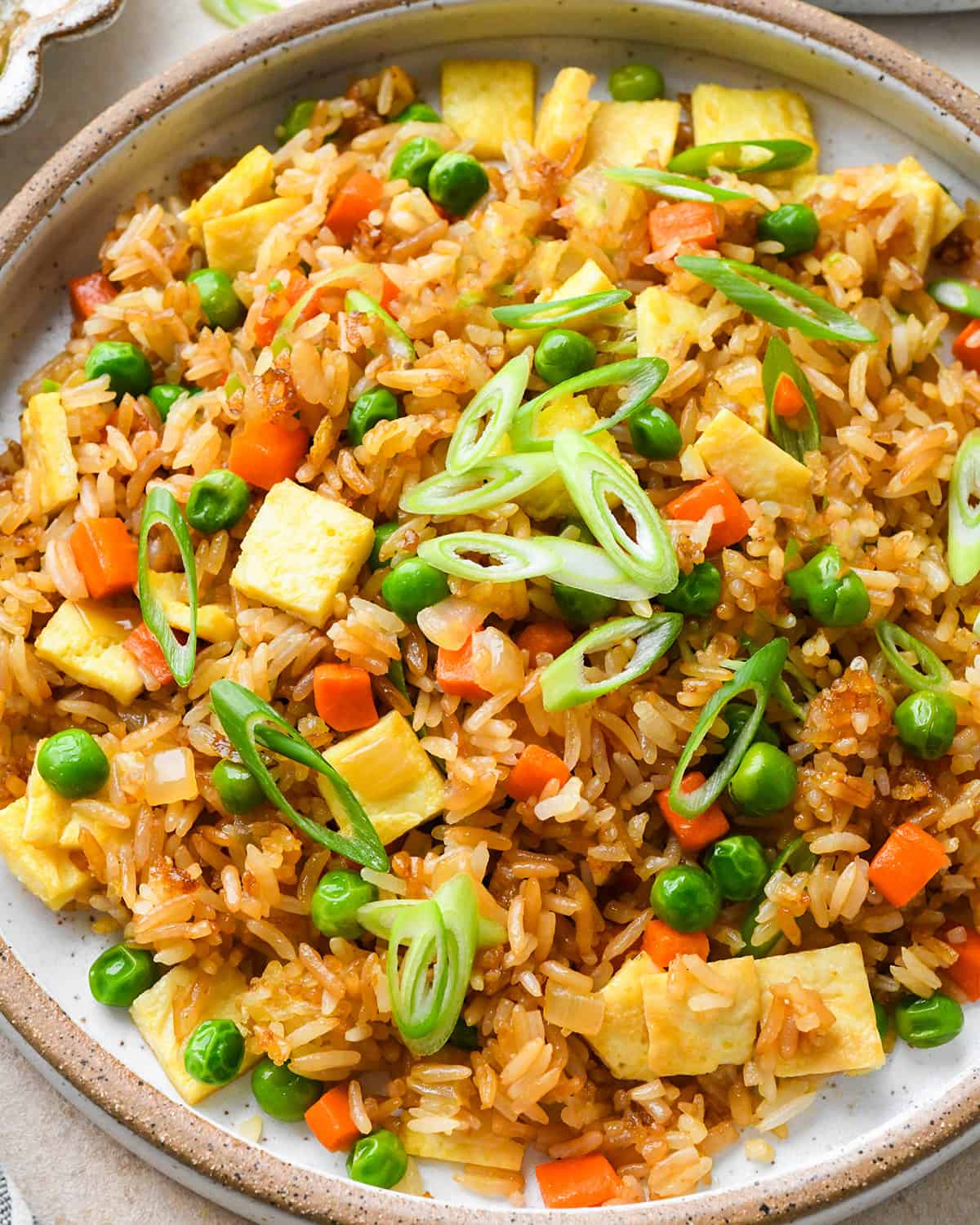 This easy vegetable fried rice recipe is better than takeout! It only takes 20 minutes to make the best fried rice recipe that's flavorful, healthy and loaded with eggs and veggies! fried rice on a plate garnished with green onions.