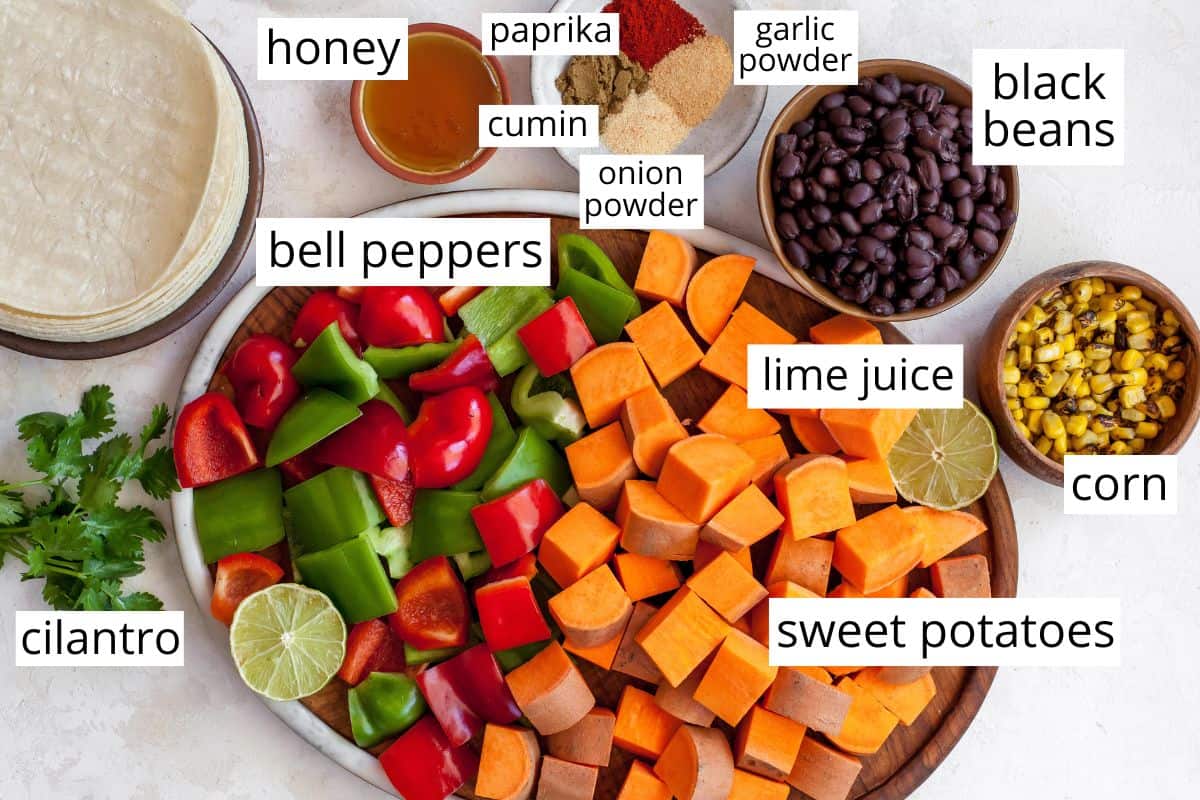 overhead view of the labeled ingredients in this sweet potato tacos recipe