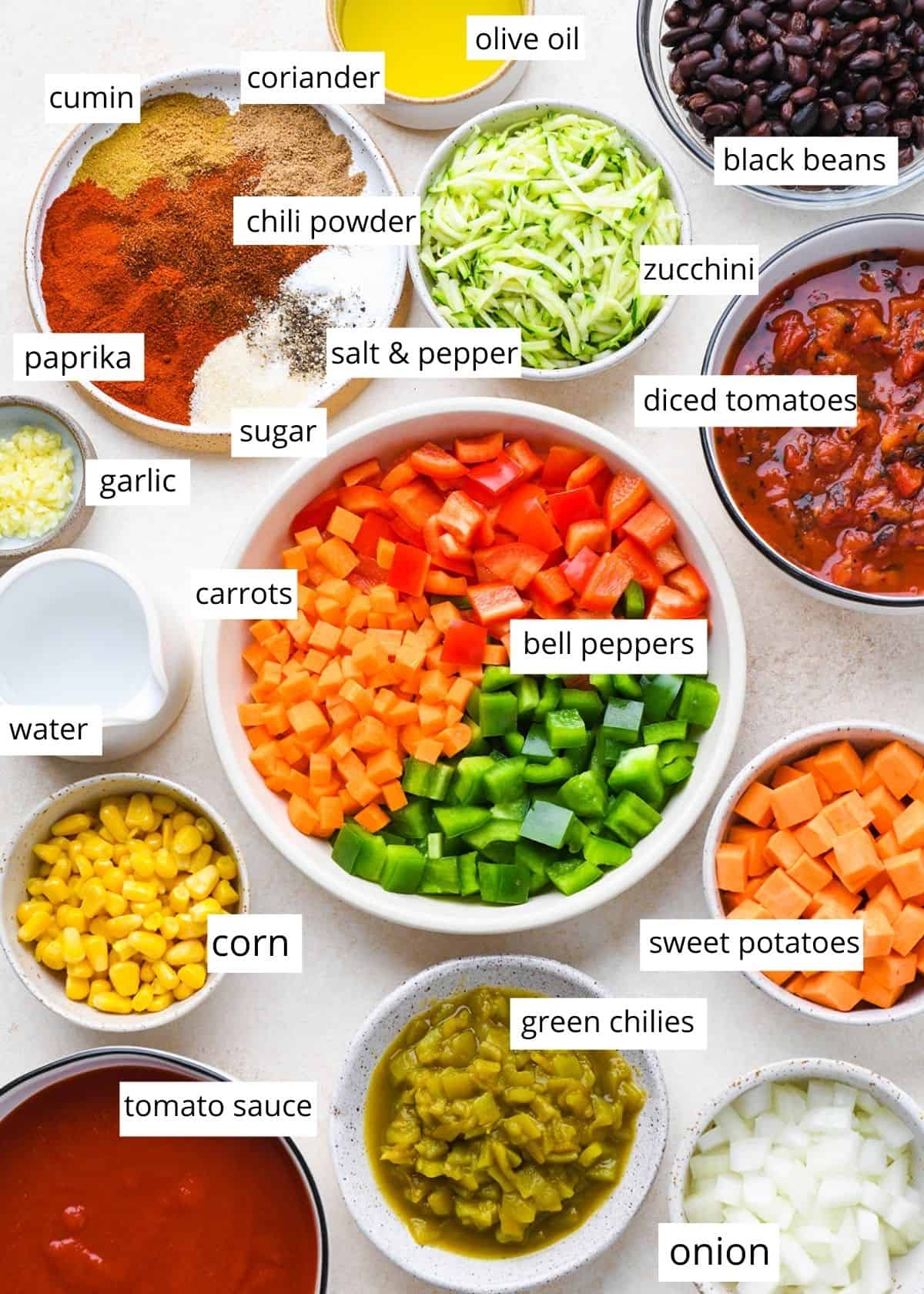 overhead view of the ingredients in this Vegetarian Chili Recipe