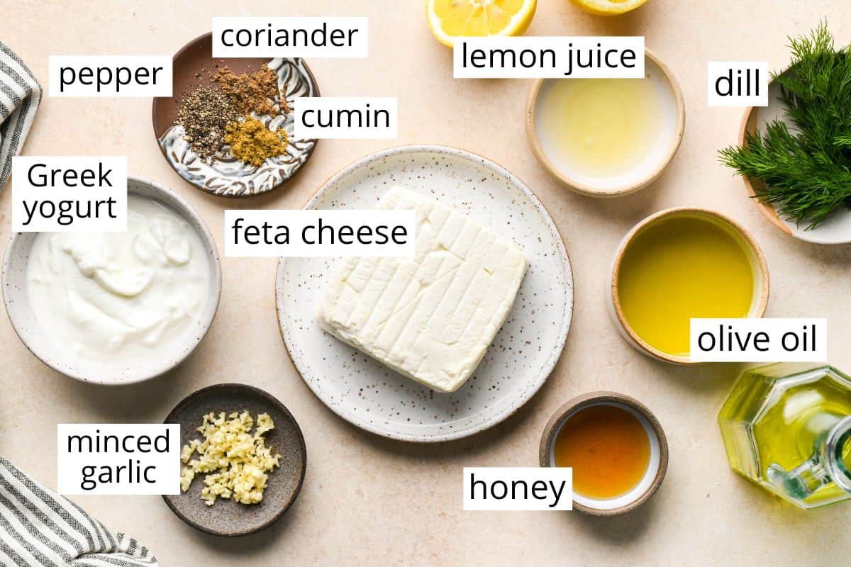 overhead photo of the labeled ingredients in this Whipped Feta Cheese Dip recipe