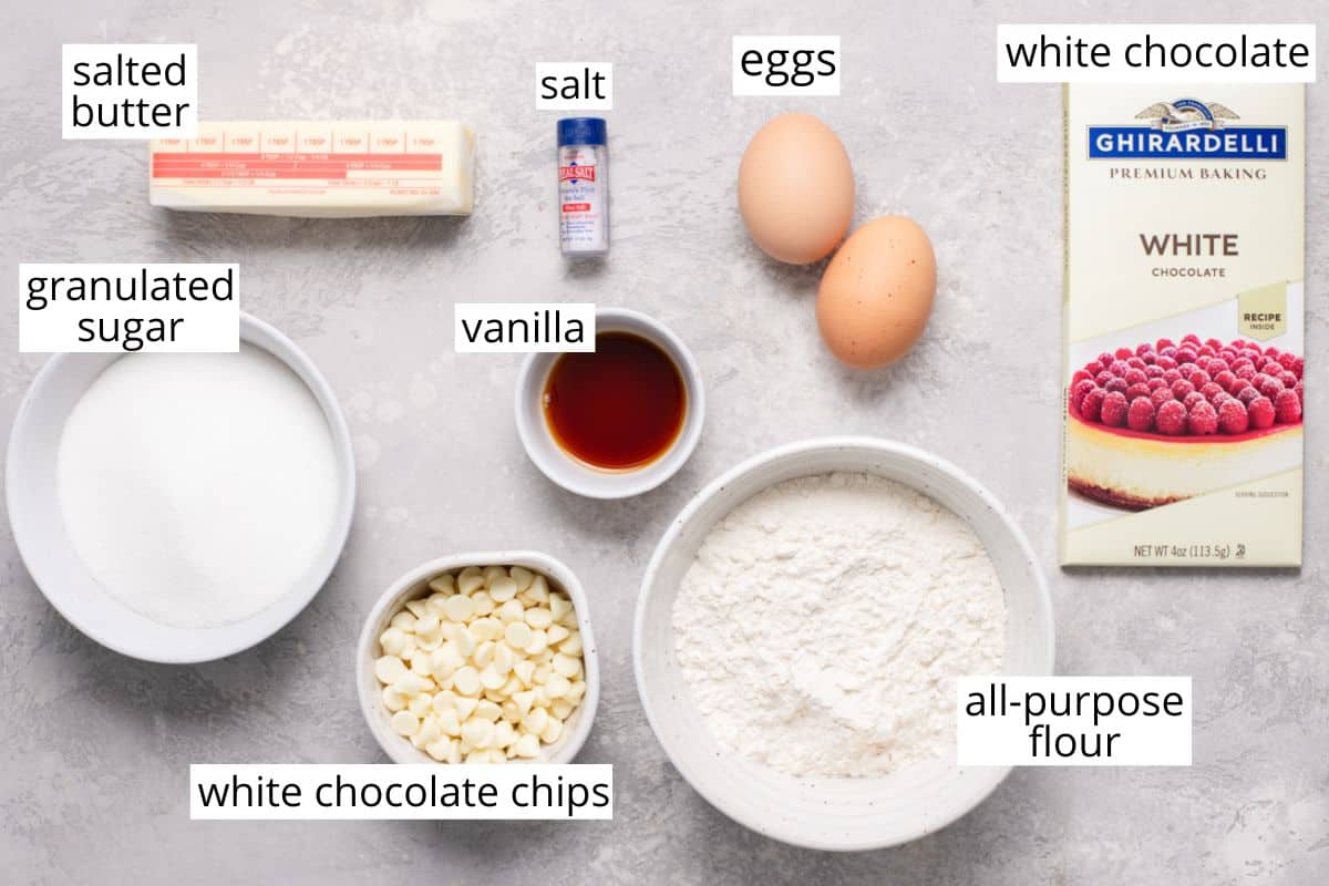 overhead photo of the labeled ingredients in this White Chocolate Brownies recipe