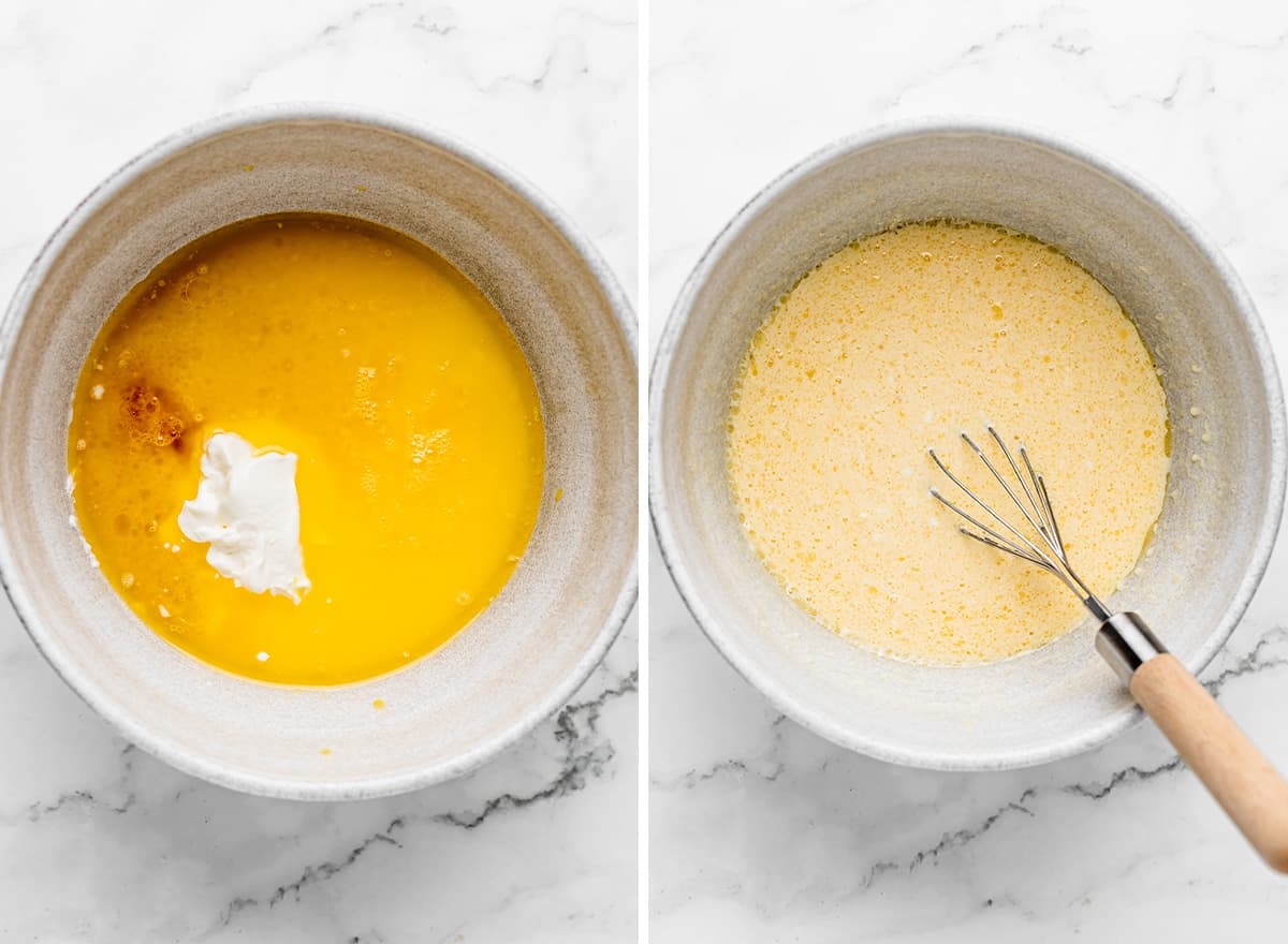 two photos showing how to make zucchini chocolate chip muffins - whisking wet ingredients