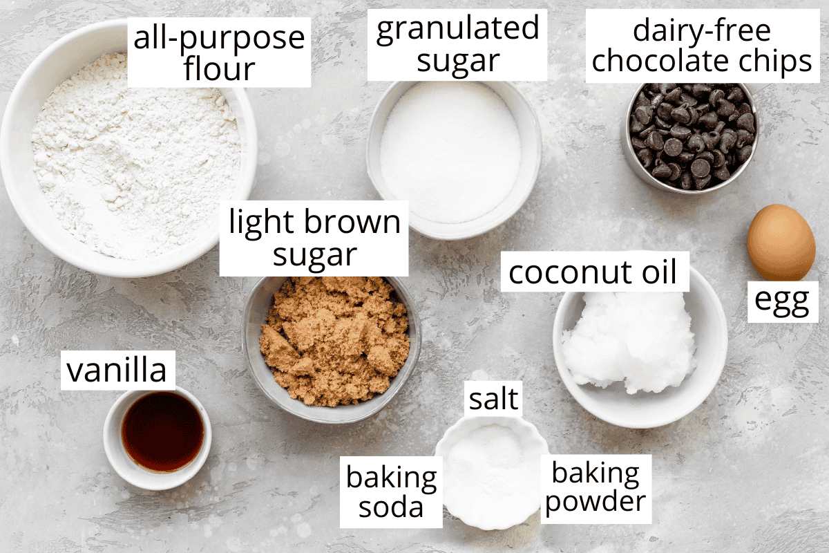 overhead photo of the labeled ingredients in this Dairy Free Chocolate Chip Cookies recipe