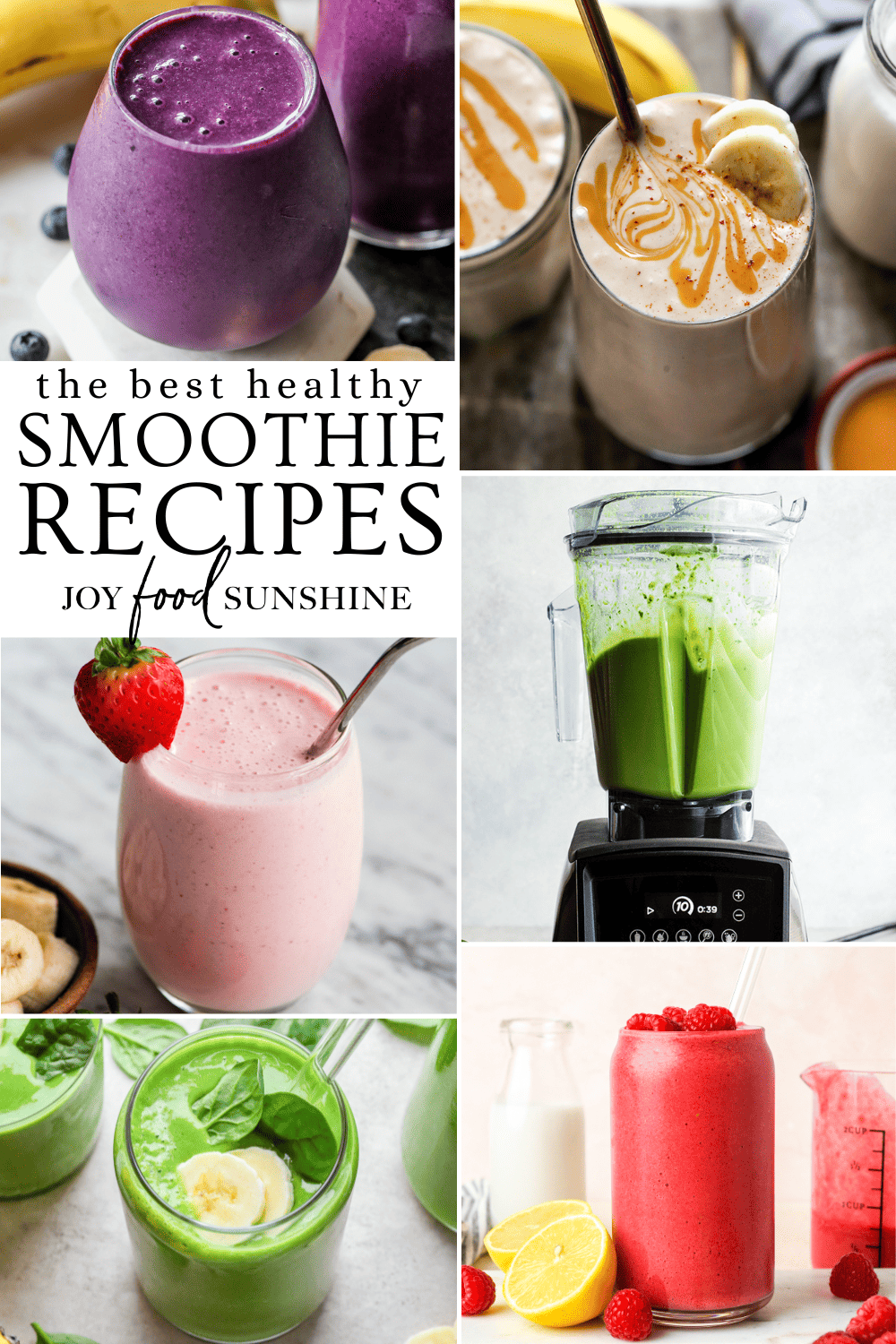Smoothies are an easy and delicious way to sneak some fruit, veggies and protein into your day! Here's a list of our favorite easy & healthy smoothie recipes that are nutritious and tasty, plus my tips on making the best smoothies! Healthy Smoothie Recipes collage